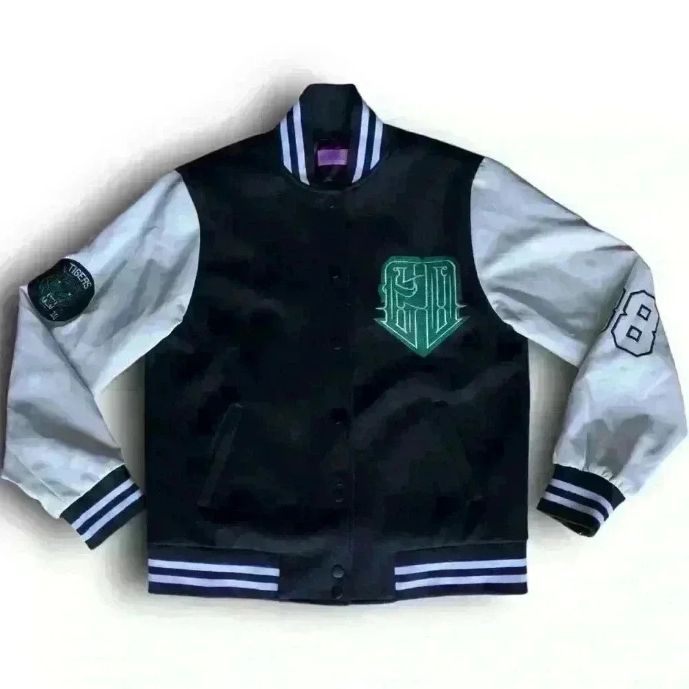 edikted retro letterman varsity jacket bomber‎ button-up faux leather sleeves s